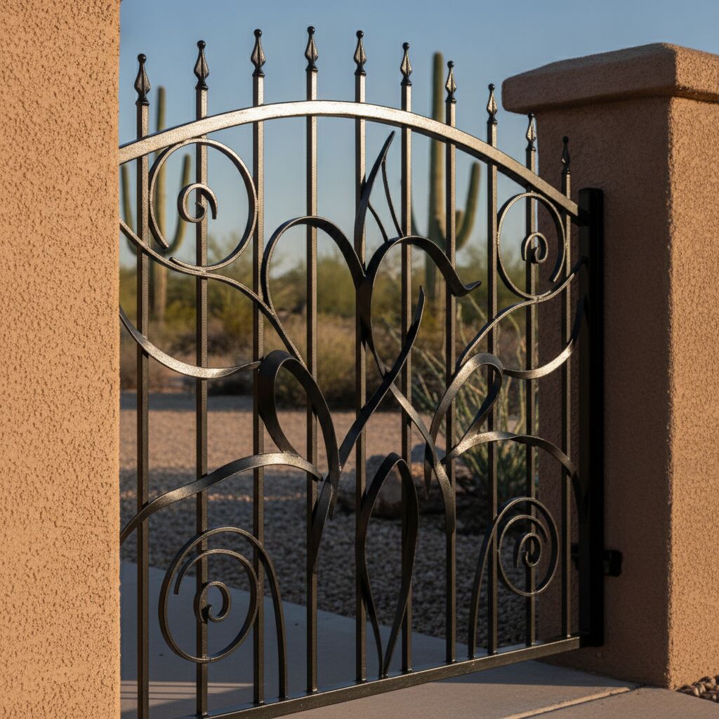 Close-up of a custom decorative iron gate with ornamental scrollwork